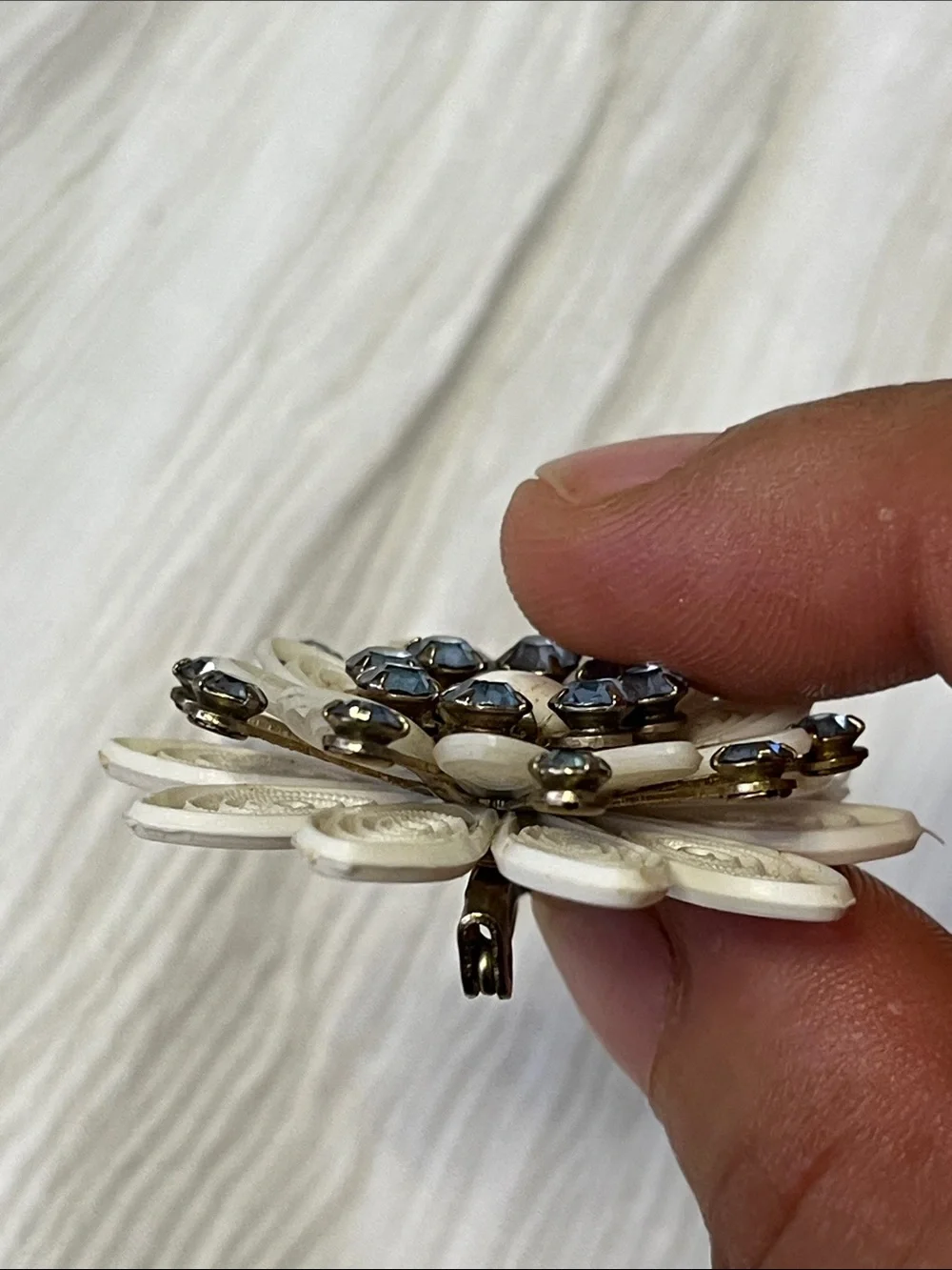 Antique Cream Floral Brooch with Blue Rhinestones